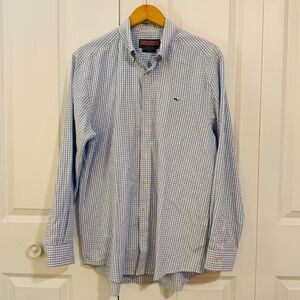 Vineyard Vines Men’s Blue Gingham Slim Fit Cotton Whale Shirt Large
